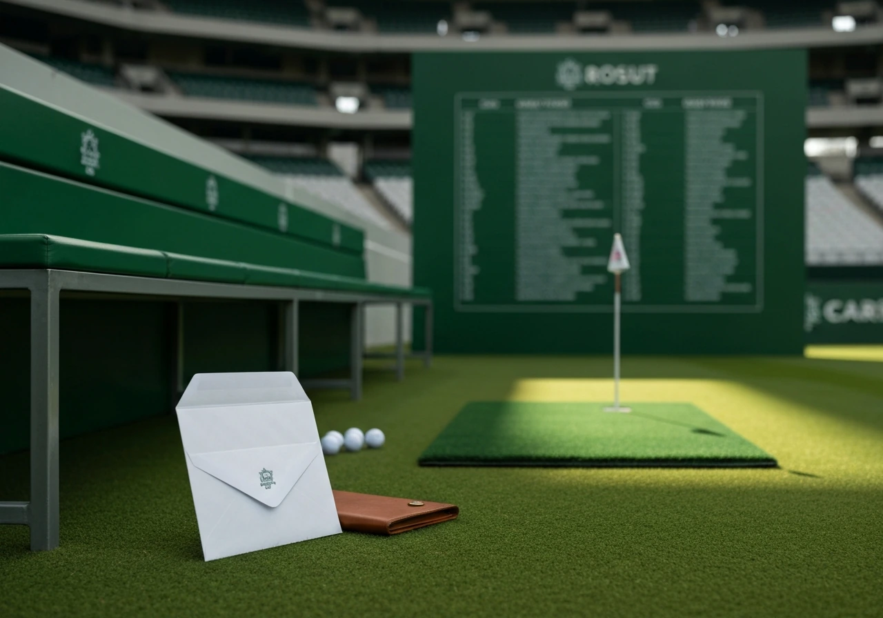 Stadium bench with a contract envelope and blurred branded roster board beside golf balls