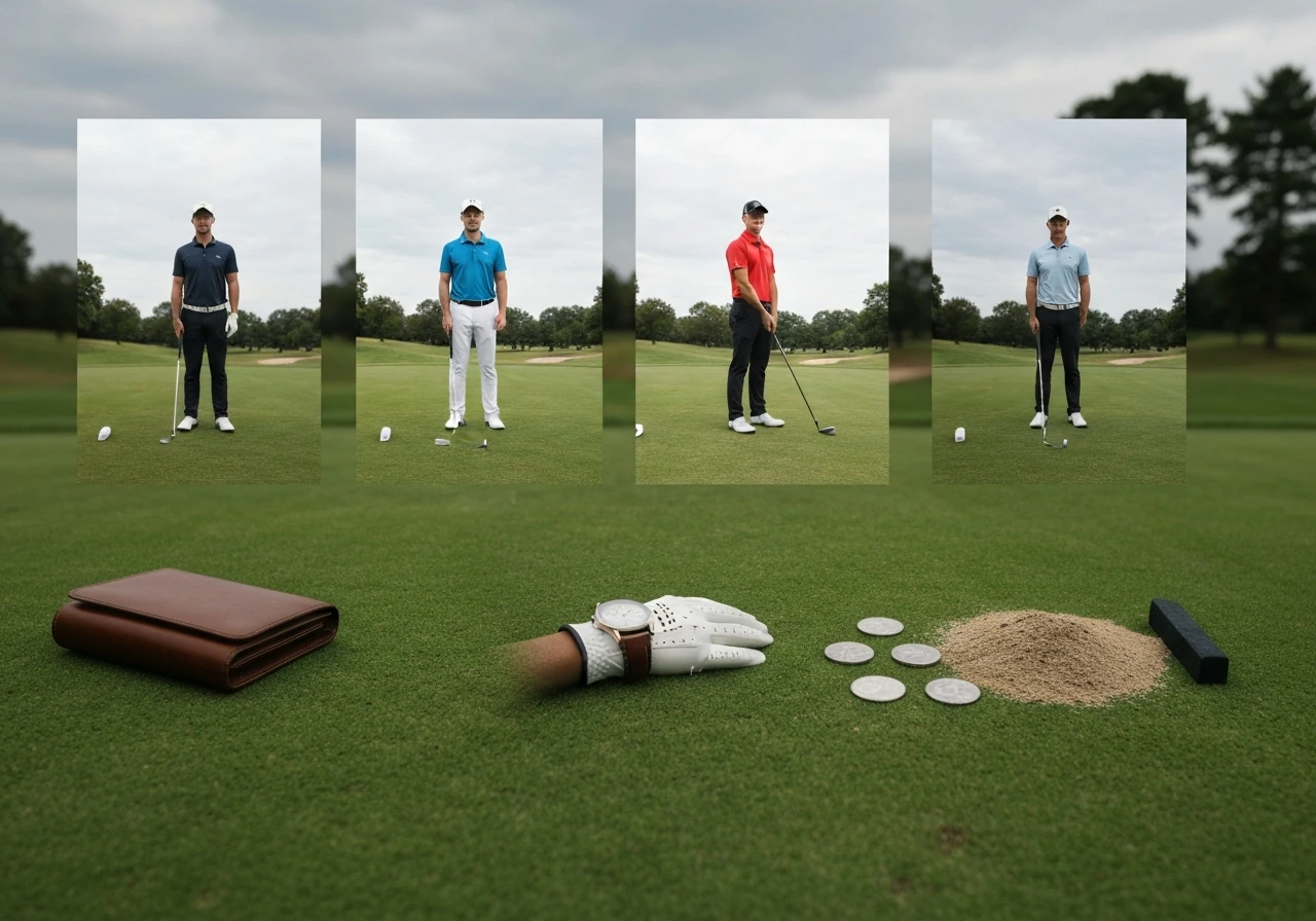 Minimal photo-style collage of anonymous golfers on a fairway with subtle wealth symbolism like coins and a portfolio.