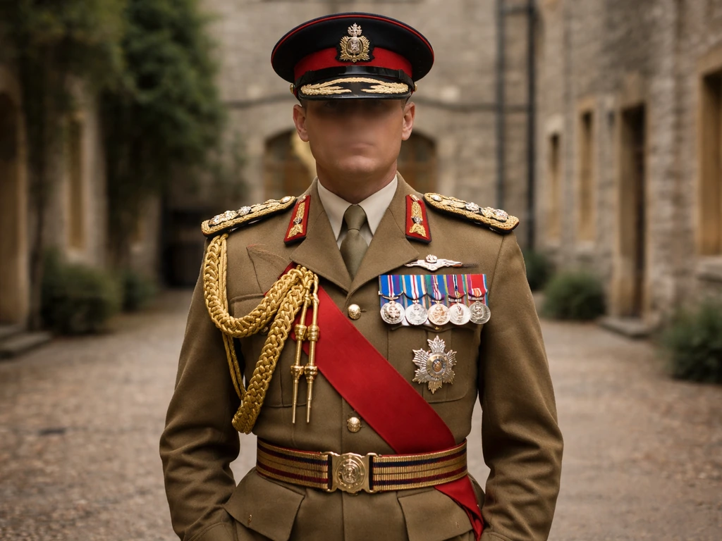 Anonymous British field marshal in ceremonial uniform in a quiet stone courtyard, minimal and realistic.