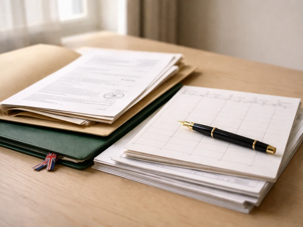 Open folder of UK military pension paperwork beside a calendar, hand-written notes, and a fountain pen on a desk