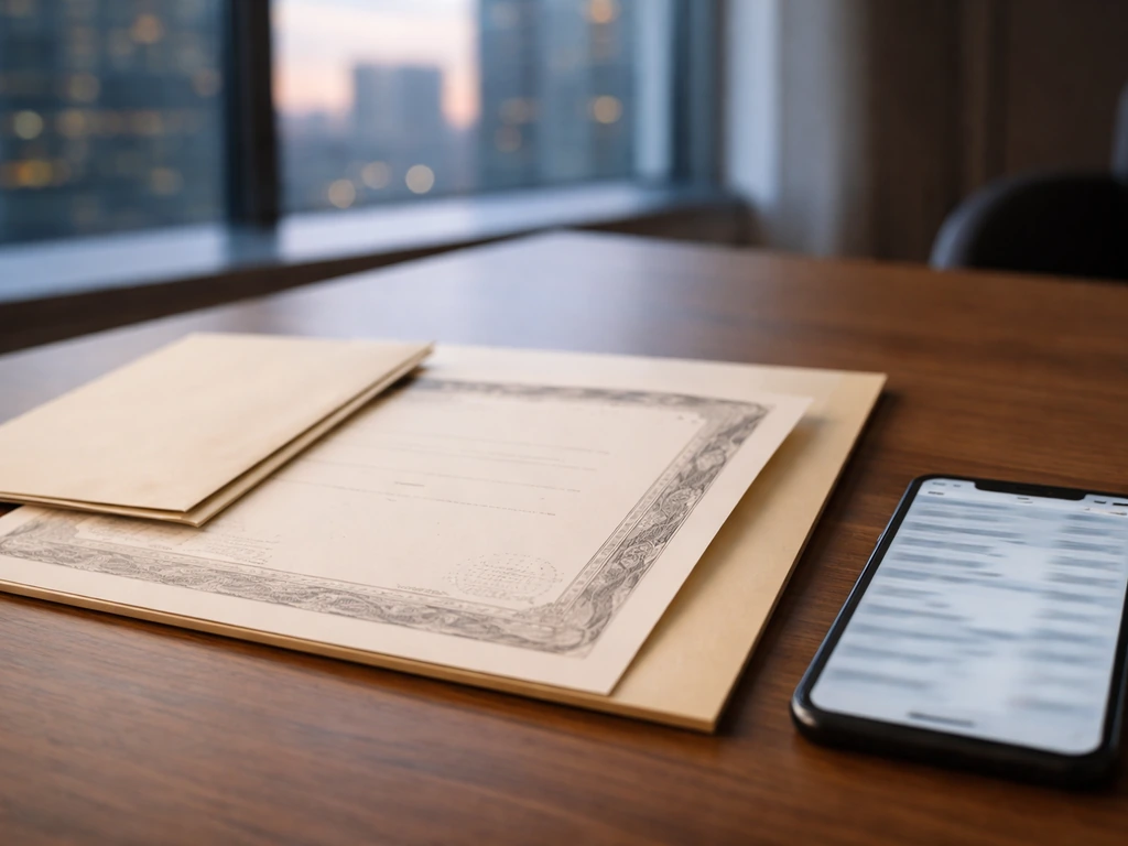 Minimal desk scene with investment documents and a blurred finance phone screen.