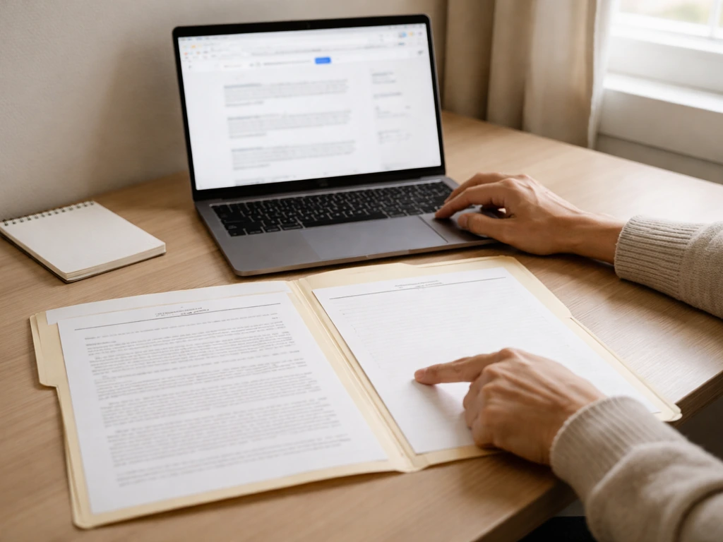 Person working on a laptop comparing probate record documents and reference notes in a quiet home office
