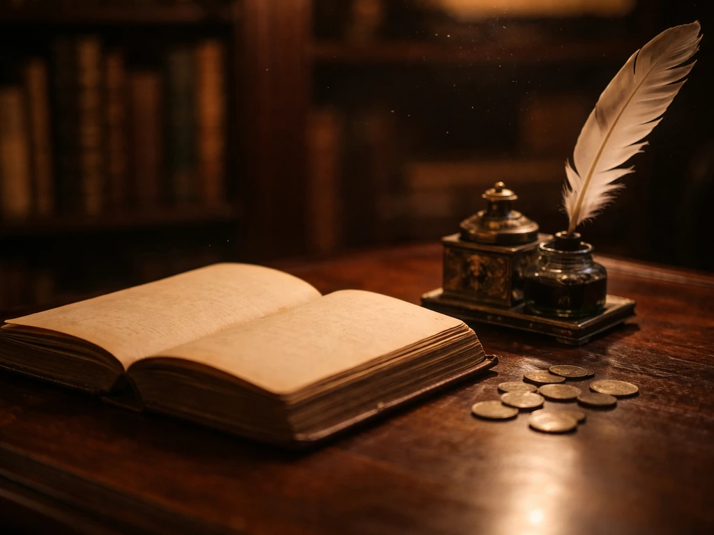 Victorian-era writing desk with an old book and a brass inkstand beside scattered coins, symbolizing Dickens’s estate.