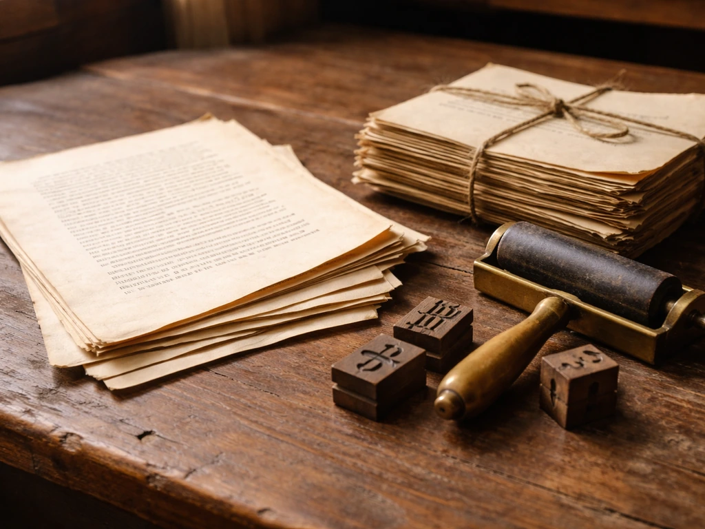 Vintage printing press components and aged book pages on a wooden desk, suggesting book royalties and serialized publica