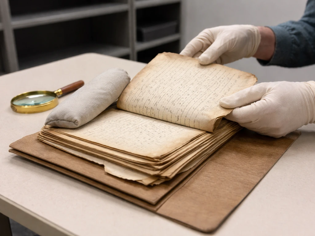 Gloved hands using a magnifying glass to inspect an old probate document on a reading table