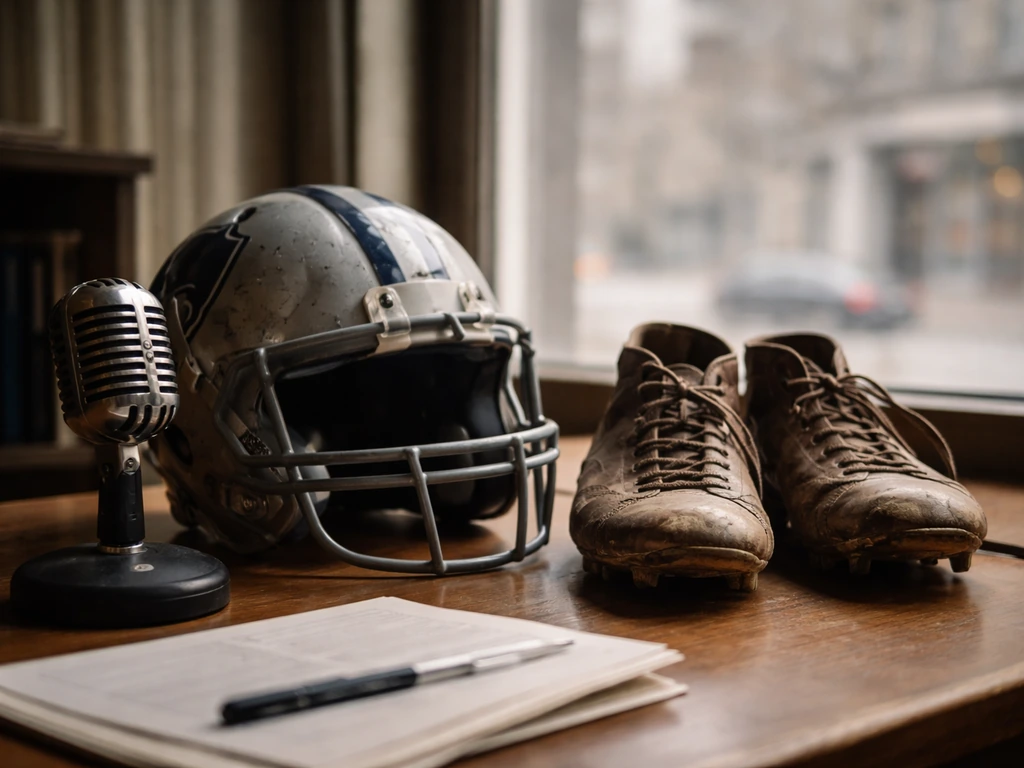 Football helmet and cleats on a desk beside a microphone, in a quiet office with natural window light.