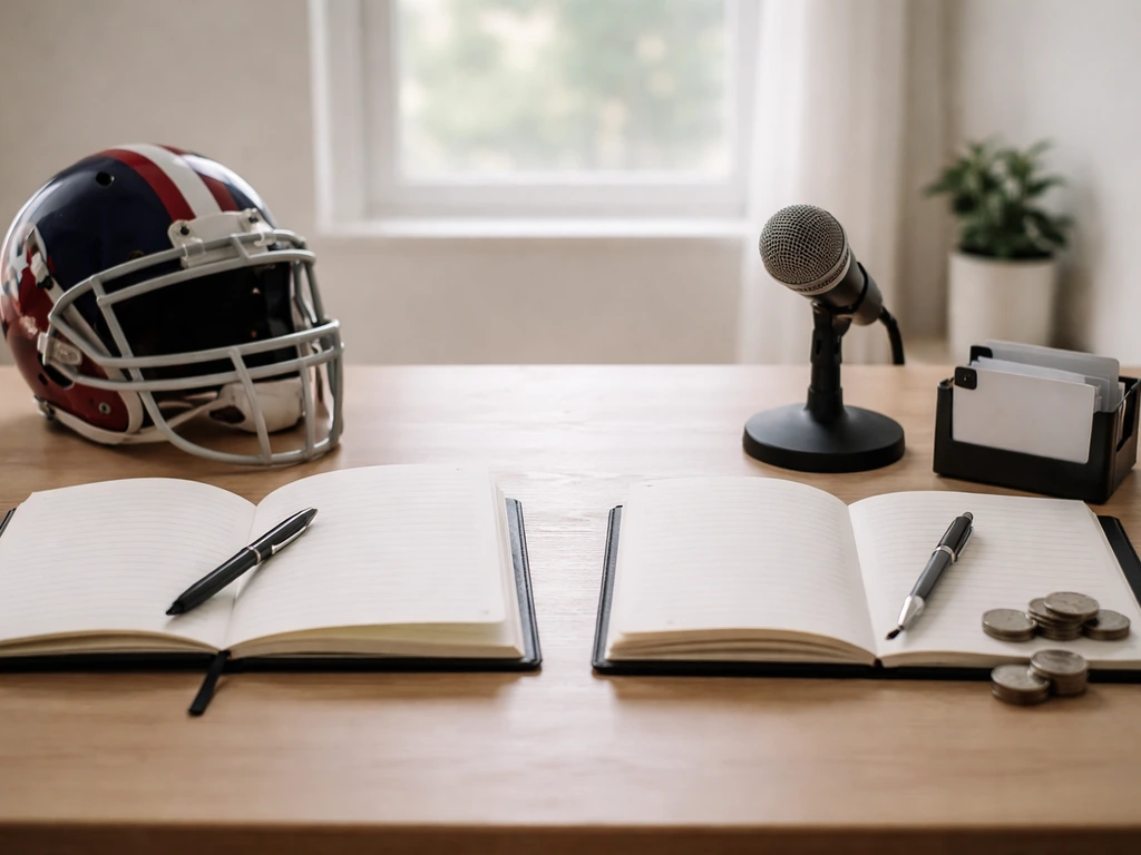 Minimal desk scene with a sports helmet prop and a media microphone beside research items.