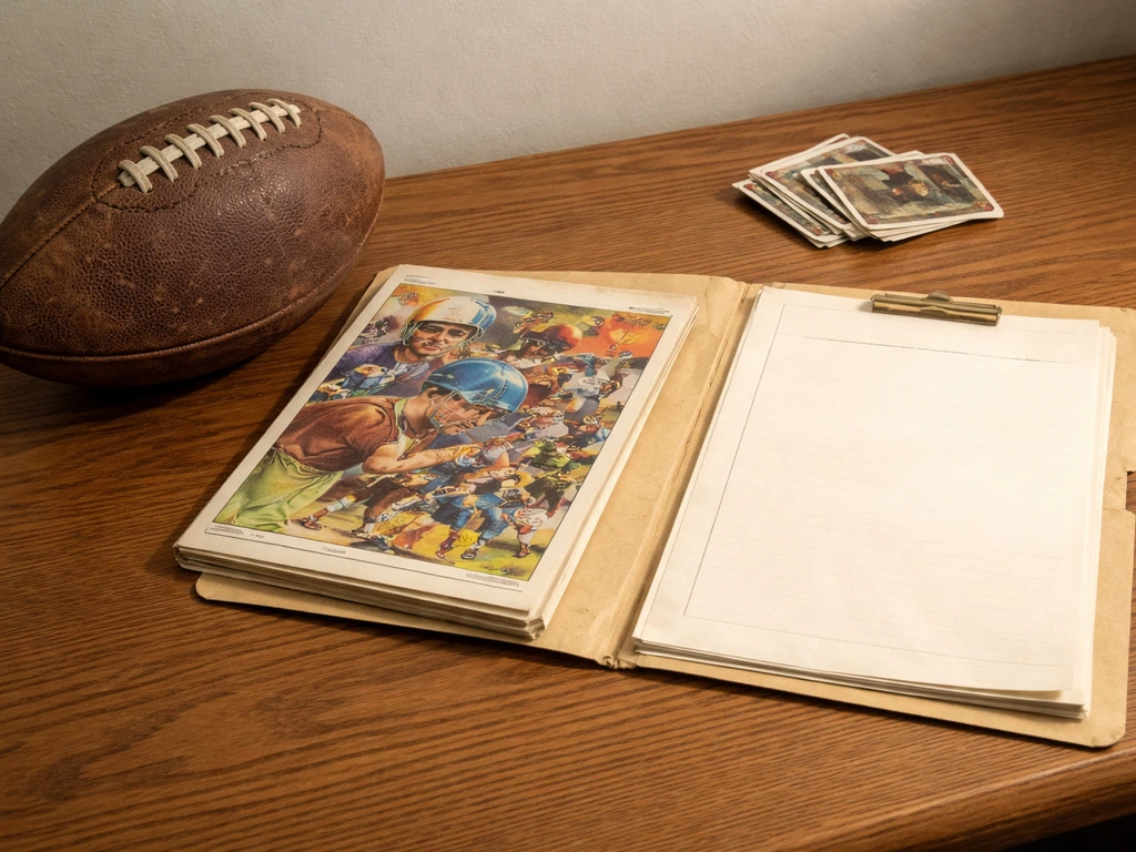 Vintage football memorabilia and contract-like blank documents on a wooden desk in natural light.