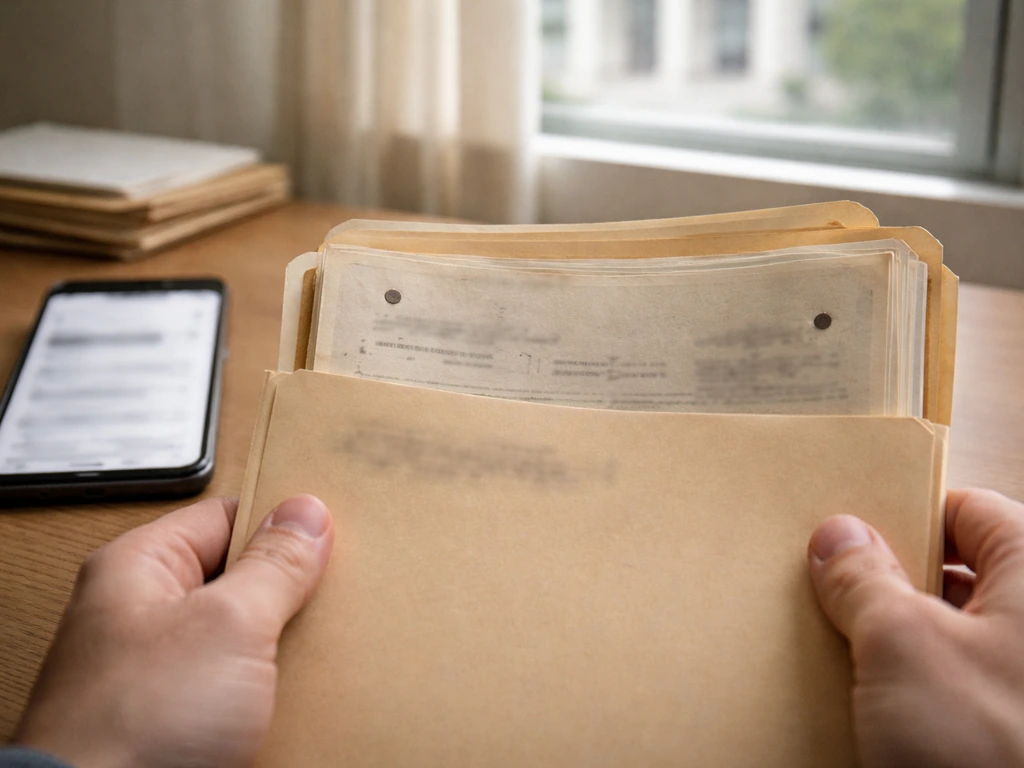 Close-up of paper probate-style documents in a folder beside a phone, with unreadable stamp-like markings.