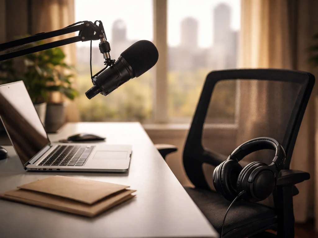 Minimal esports creator workspace with headset and microphone, evoking income and media influence.