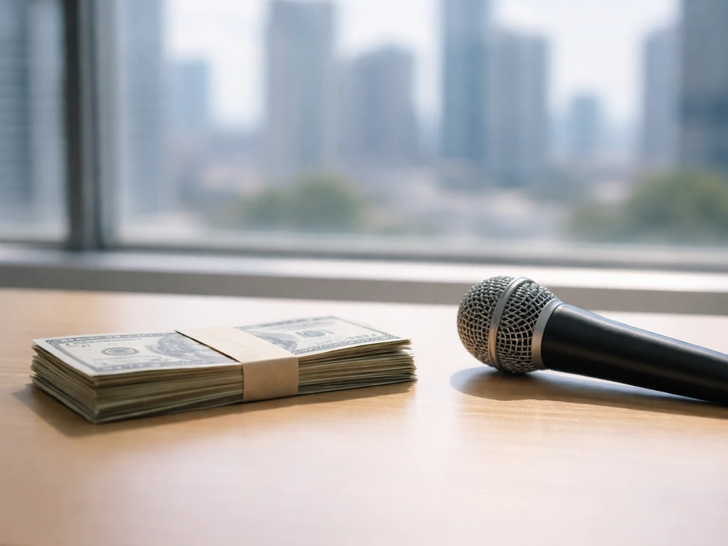 Banknotes fanned beside a small microphone on a desk with a softly blurred city view