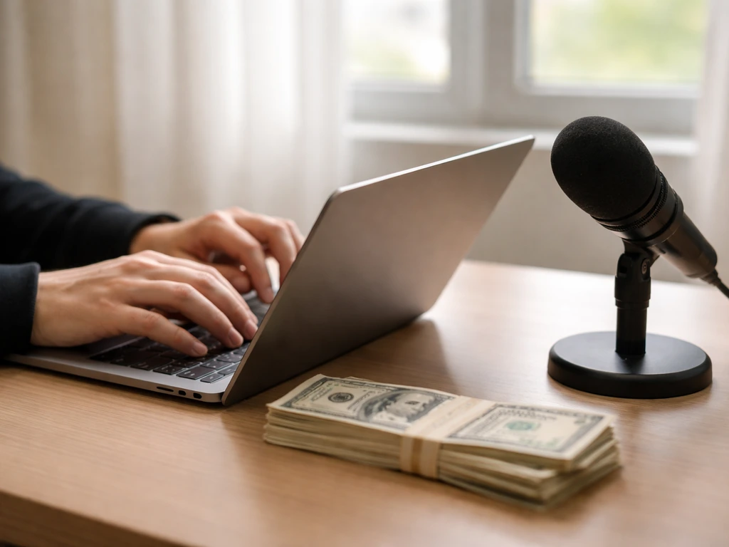 Minimal desk scene with a laptop and cash-styled objects suggesting an estimated net worth identity context