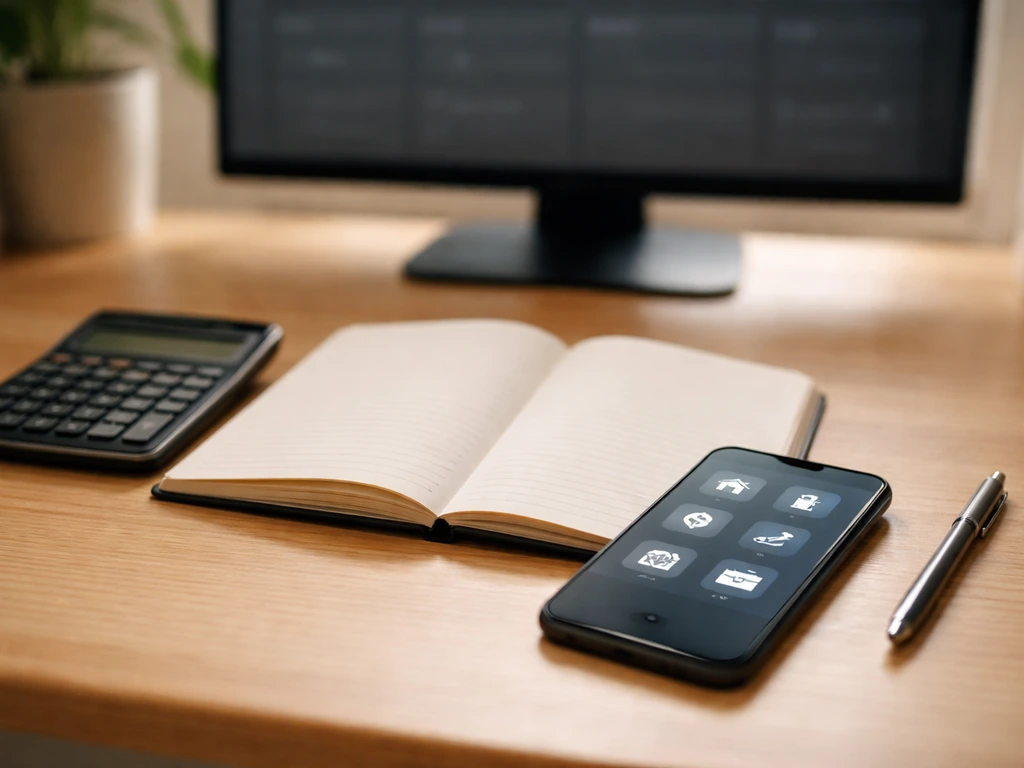 Simple desk scene with printed notes and a calculator beside a smartphone showing muted finance icons