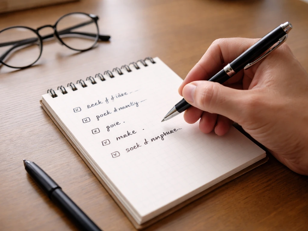 Hand filling a minimal checklist in a notepad with a pen on a wooden desk in natural light.