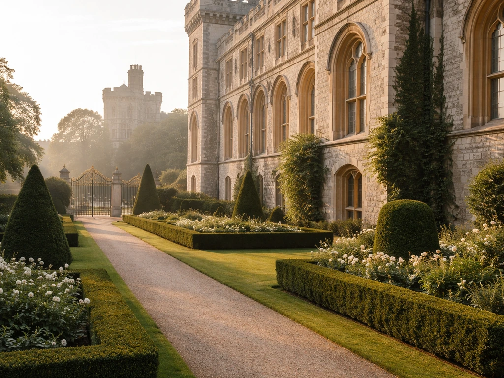 Quiet exterior of a grand British royal palace with manicured gardens and a distant turret.