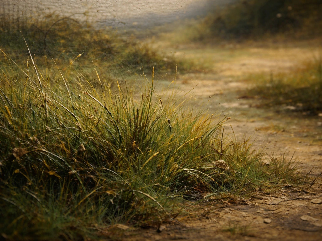 Gros plan sur l’herbe peinte d’un tableau, montrant la texture et la profondeur de composition.