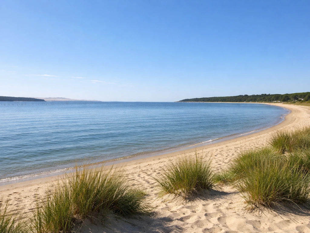Vue du Bassin d’Arcachon depuis la presqu’île du Cap Ferret, eau et rivage orientant vers l’Herbe.