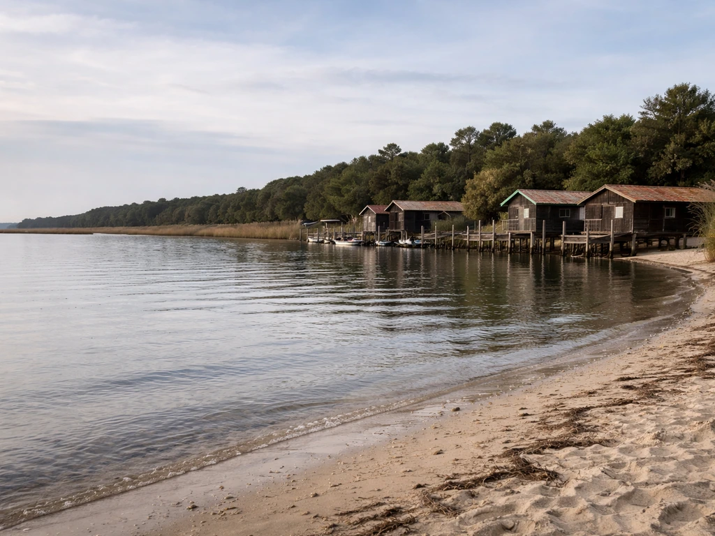 Plage calme du bassin avec eau peu agitée et cabanes ostréicoles au bord de l’eau.