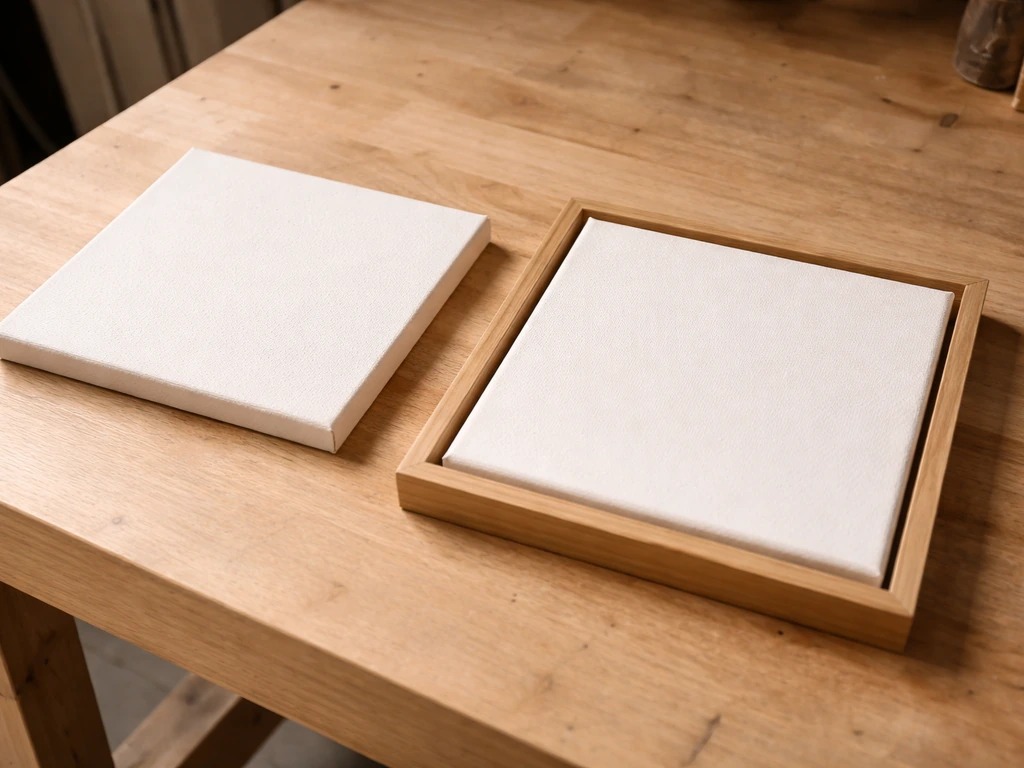 Gros plan comparant une toile seule et un tableau encadré, sur un établi clair, pour illustrer la différence de dimensio