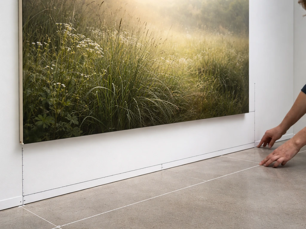 Un grand tableau au mur avec des repères de mesure discrets montrant herbe, hauteur et largeur du cadrage.