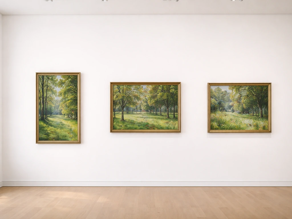 Vue rapprochée de plusieurs toiles impressionnistes sur l’herbe, dans une salle de musée claire et minimaliste.