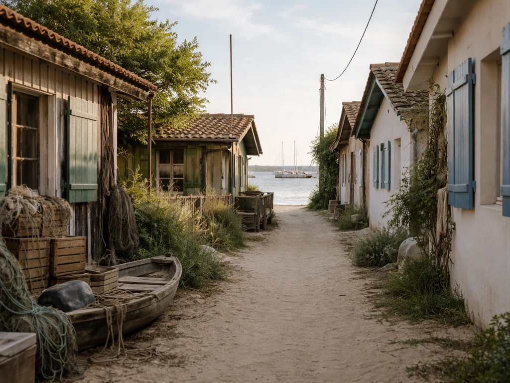 Ruelles du village de l’Herbe au Cap Ferret avec cabanes ostréicoles au bord du bassin