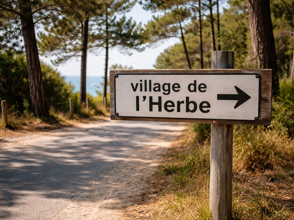 Panneau de direction au Cap Ferret indiquant le village de l’Herbe, avec une route et des pins en arrière-plan.