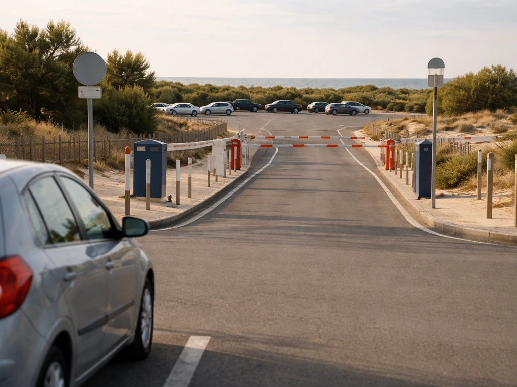 Entrée d’un parking côtier avec places et rampe d’accès, lumière naturelle, véhicule garé, sans personnes.