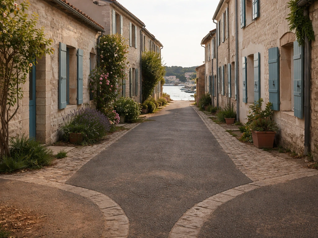 Chemin dans le village de l’Herbe, ruelles près du bassin, fléchage au sol absent, ambiance repérage sans texte.