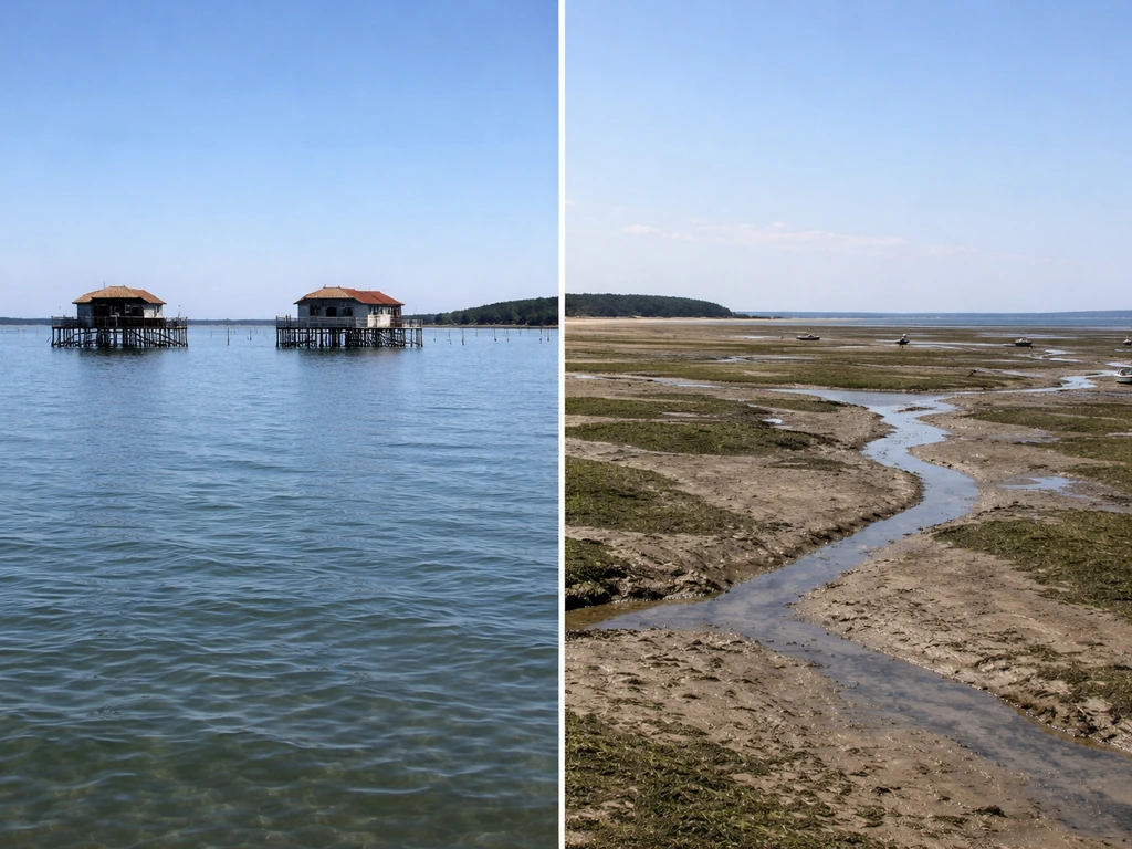 Bassin d’Arcachon : cabanes et rivage à marée haute à gauche, vasières et chemins à marée basse à droite.