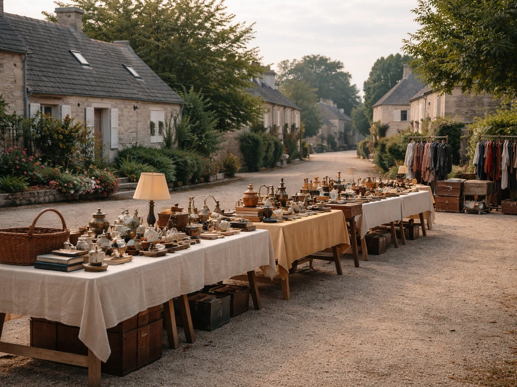 Tables de vide-grenier en extérieur sur une place normande, objets d’occasion et ambiance locale.