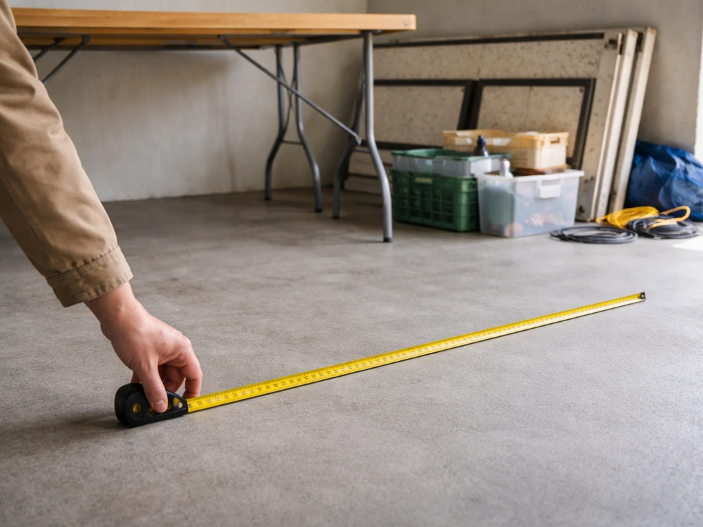 Sur un sol nu, une main mesure un mètre linéaire avec un mètre ruban près de tables prêtes pour l’installation.