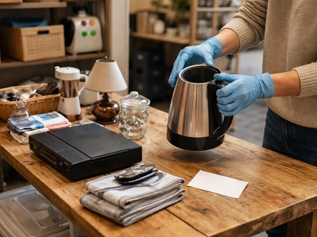 Mains gantées contrôlant des objets d’occasion sur une table, ambiance sécurisée de vente.