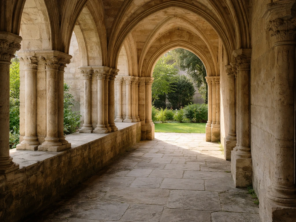 Détail du cloître médiéval de l’Abbaye d’Ardenne avec arcades en pierre et verdure discrète.
