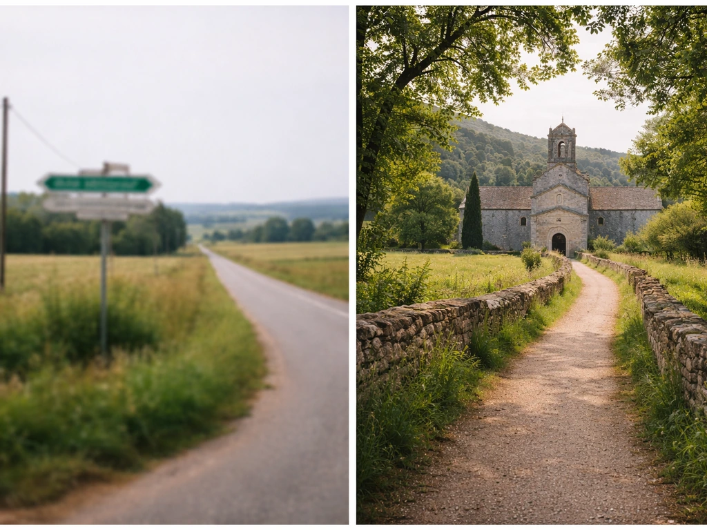 Deux images côte à côte : route incertaine à gauche, abbaye en pierre au bout d’un chemin à droite.