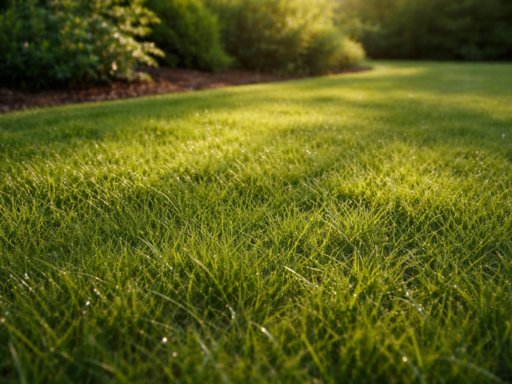 Pelouse vert naturel et bordures soignées, lumière rasante révélant la texture des brins d’herbe.