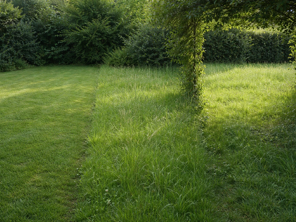 Gauche pelouse tondue, droite prairie plus haute, et en arrière un cadre verdoyant façon composition picturale.