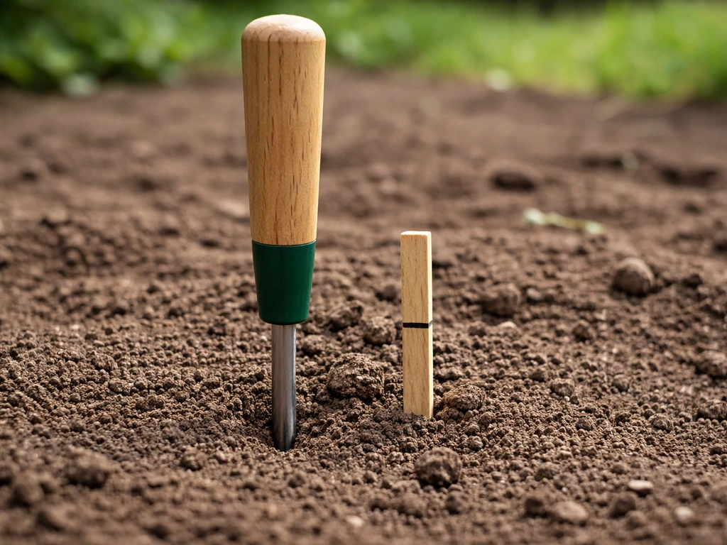 Tournevis enfoncé dans la terre pour tester la compaction du sol, avec un petit repère de profondeur visible.