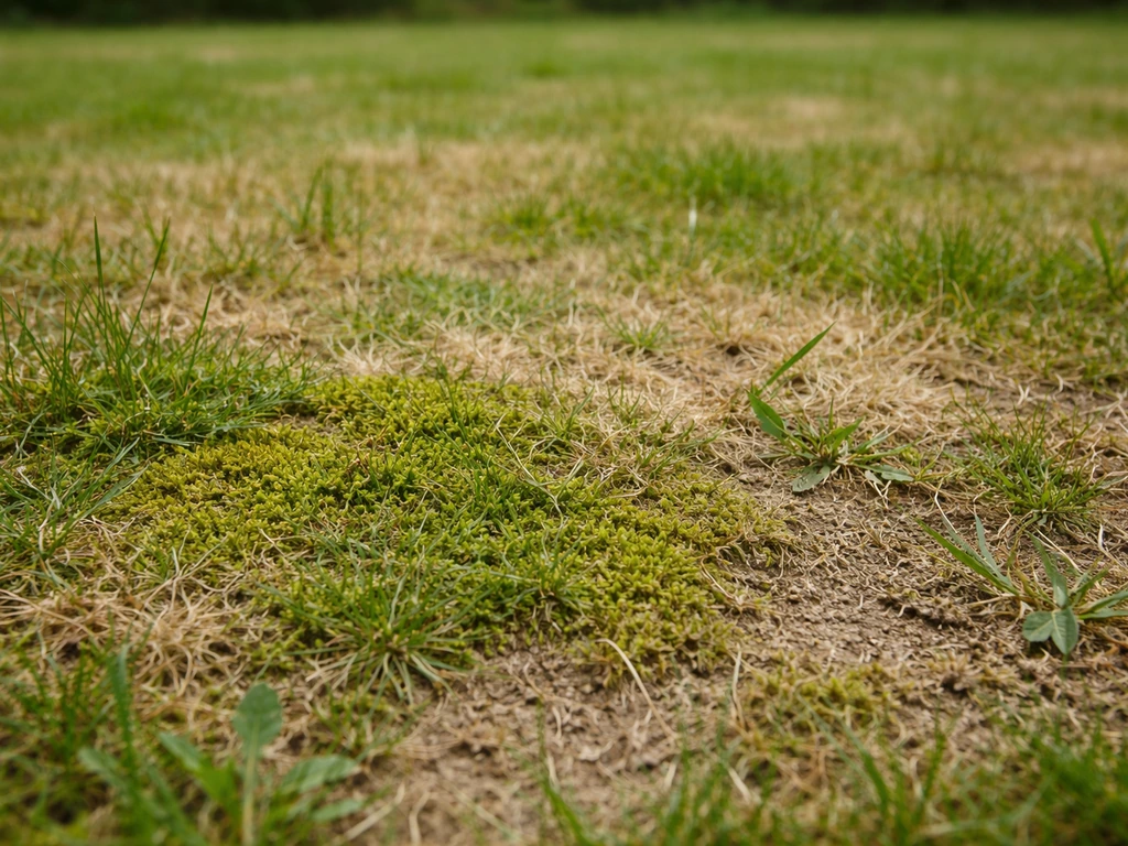 Pelouse avec plaques de mousse verdâtre et zones jaunies/sèches, vue rapprochée au niveau du sol.