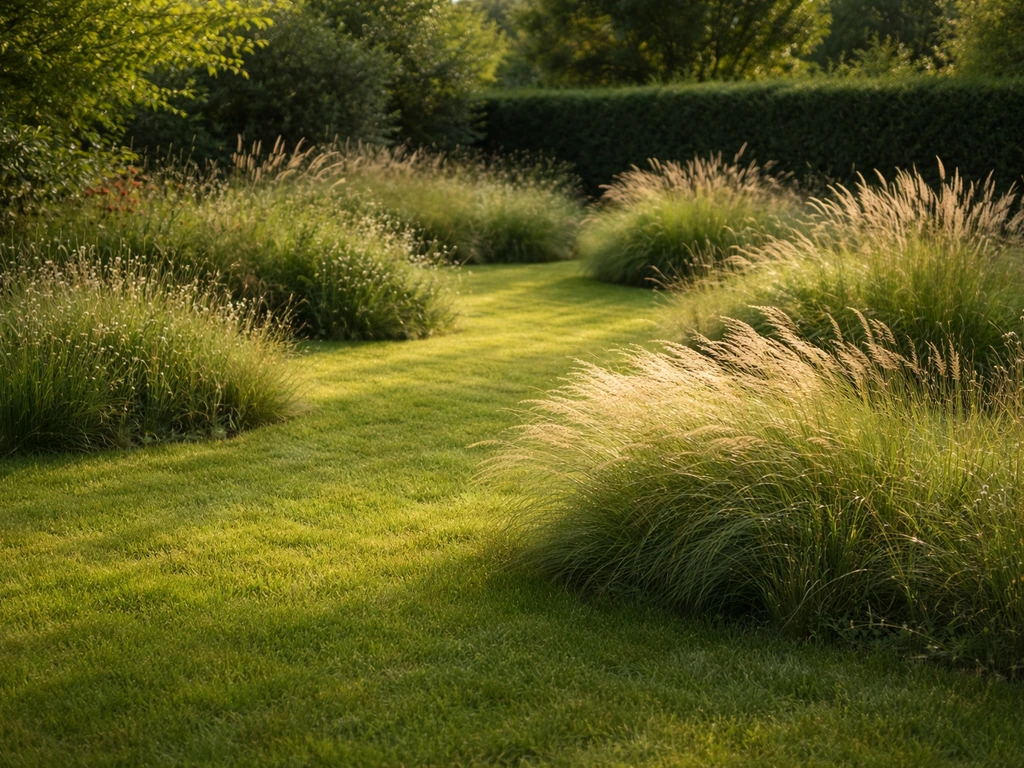 Pelouse en composition, îlots d’herbe haute et graminées ornementales, cadrage type tableau dans un jardin calme.