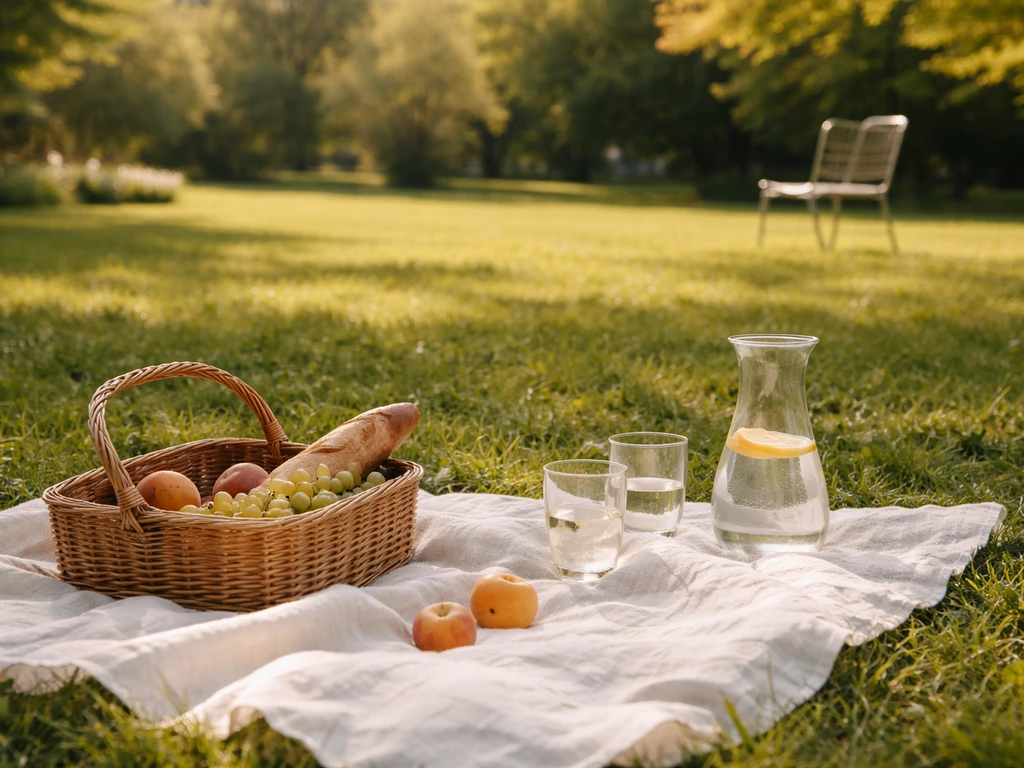 Pique-nique en plein air sur l’herbe, nappe blanche et lumière du soleil, ambiance artistique et calme.