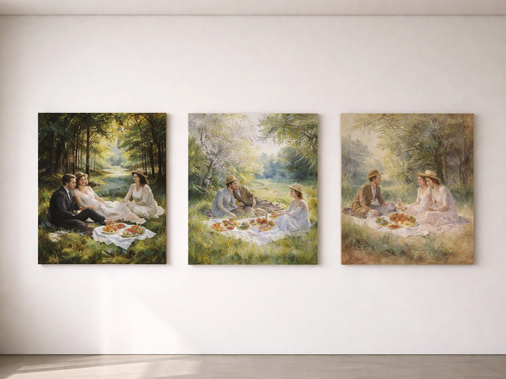 Trois toiles d’un même thème sur un mur clair, éclairage doux, pour évoquer Manet, Monet et Renoir