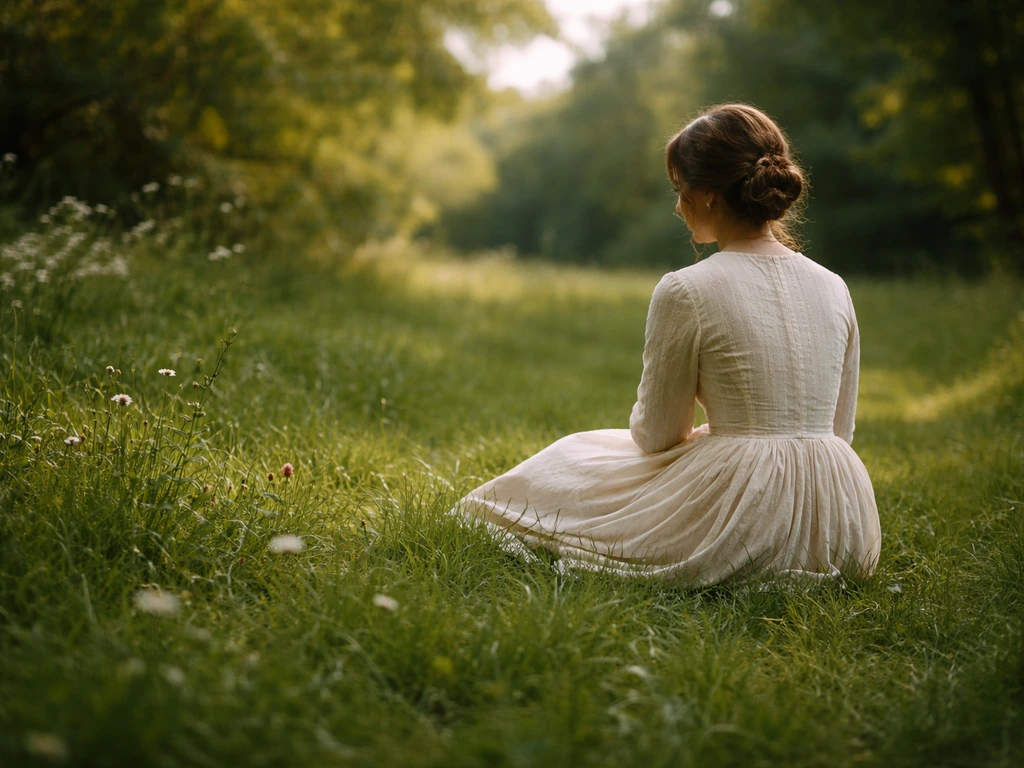 Femme assise sur l’herbe en plein air, herbe fraîche au premier plan, ambiance XIXe siècle.