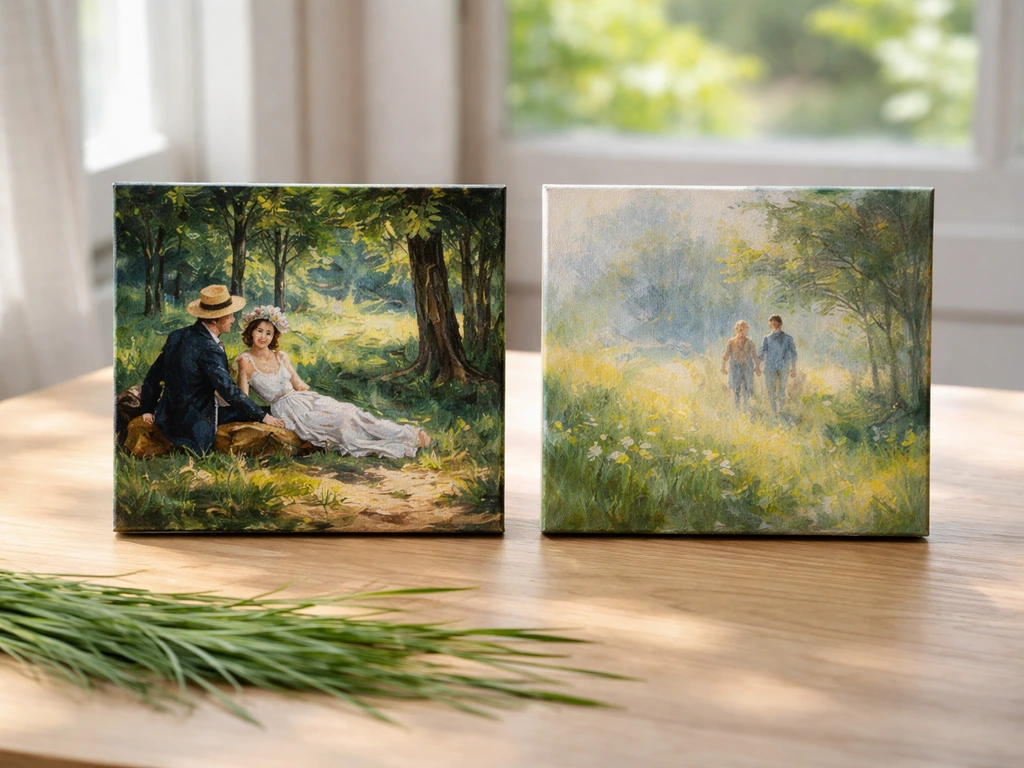 Deux toiles côte à côte sur une table : rendu net contrasté à gauche et lumière vaporeuse sur l’herbe à droite.