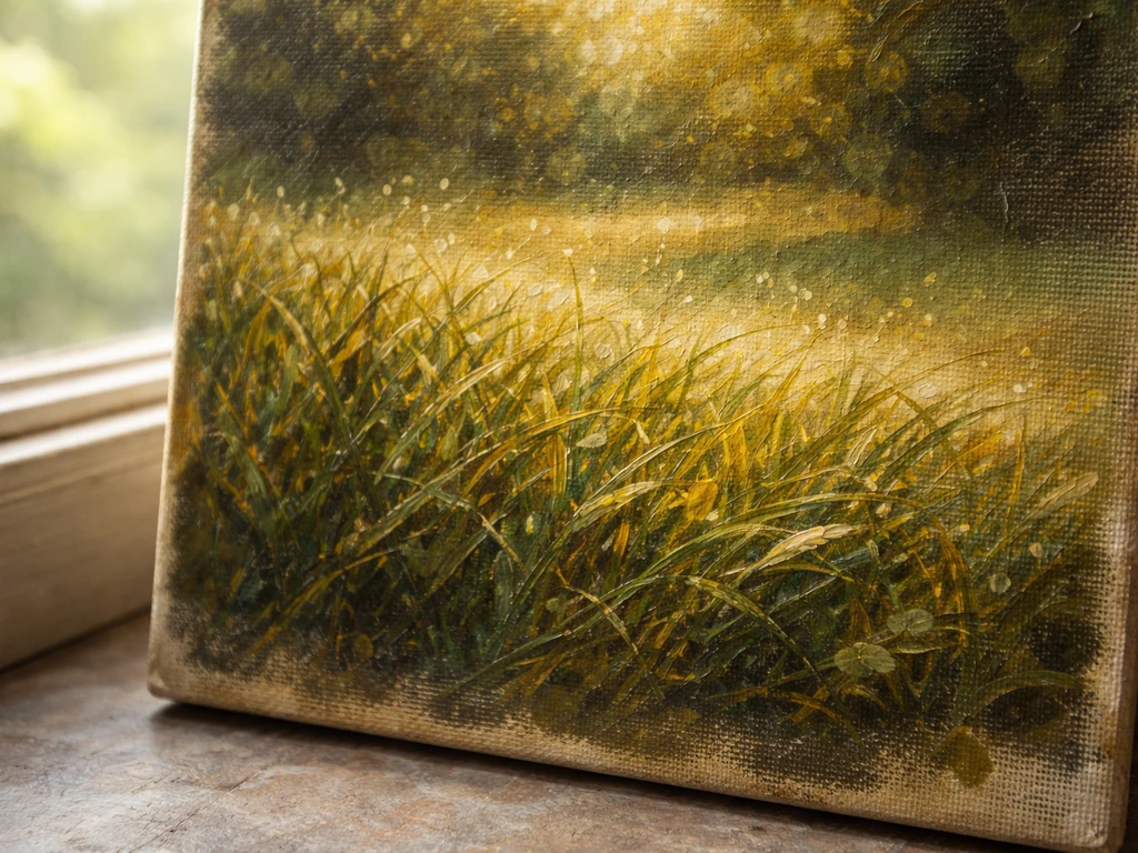 Vue rapprochée d’herbe peinte, touches lumineuses façon Monet, arrière-plan flou rappelant une scène de salon de peintur