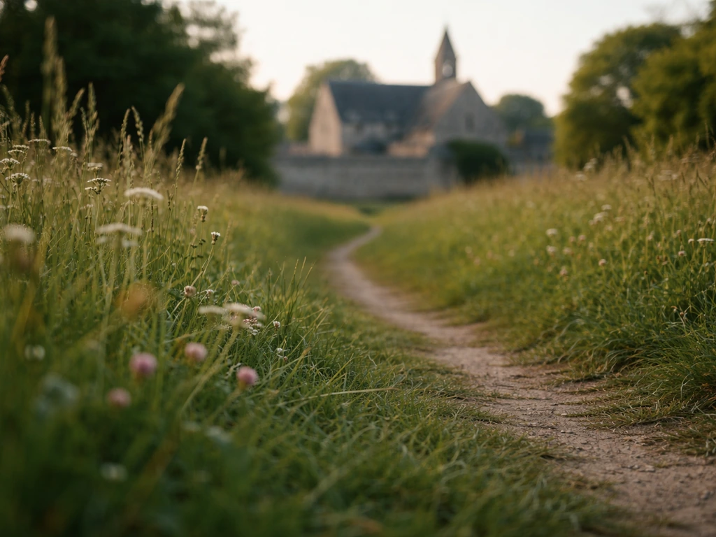 Sentier herbeux avec herbe au premier plan et l’abbaye d’Ardenne floue au loin, ambiance paisible.