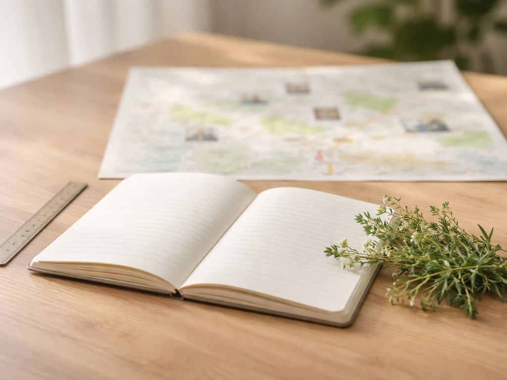 Vue photo réaliste d’un carnet de notes et d’un plan simplifié autour de Caen, avec un bouquet d’herbes fraîches.