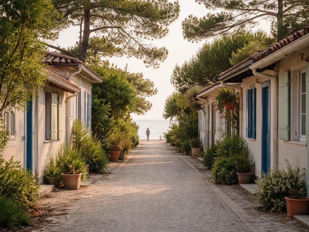 Petites ruelles du village de l’Herbe à Cap Ferret, façades pastel et chemin vers le littoral