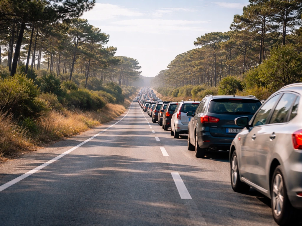 Véhicules en file sur la route D106 vers le Cap Ferret, soleil d’été, ambiance de bouchons.
