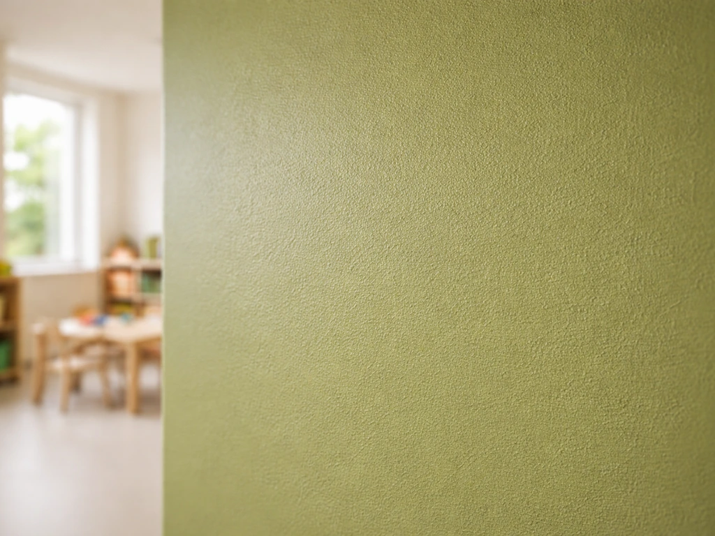 Mur de salle de maternelle fraîchement peint en vert herbe, fini satiné naturel et chaleureux, lumière douce.